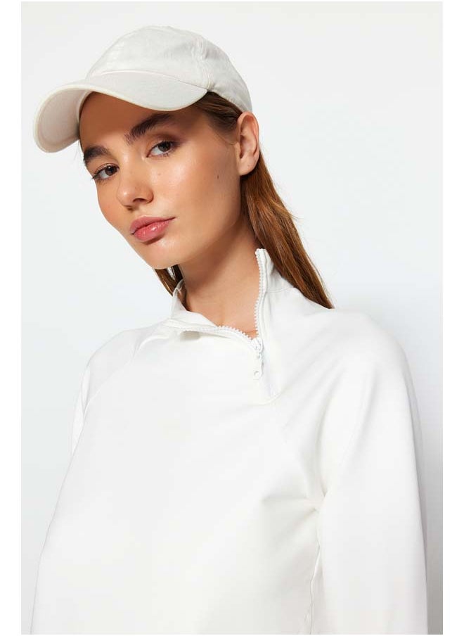 trendyol Cream White Cotton Zipper Detail Stand Collar Knitted Sports Sweatshirt TWOAW22SW0187  - Image 3