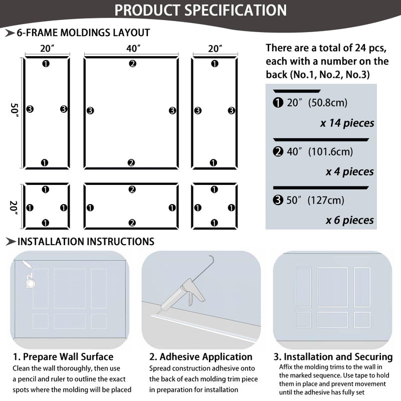 Lunghaa 6-Frame Premade Accent Wall Molding Kit, Ready-to-Assemble Wainscoting Panels, Pre-Cut Chair Rail Moulding Trim for Home DÃ©cor - Image 3