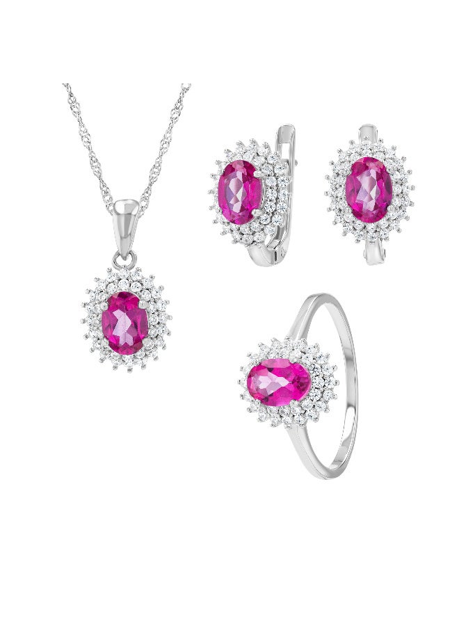 Genuine Pink Topaz & Zirconia Silver Set  Ring, Pendant & Earrings