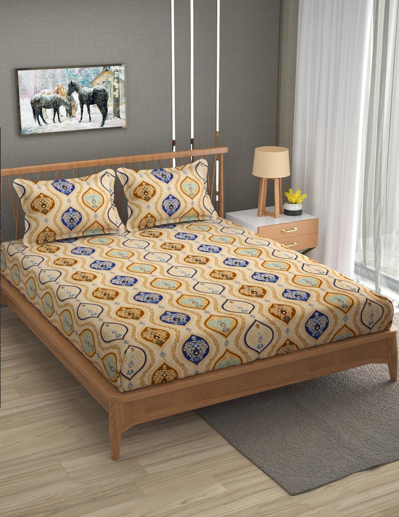 Furnofy Premium Printed Double Bedsheet Set – Sand & Blue (90x100 Inches) with 2 Pillow Covers – Flat - Image 2