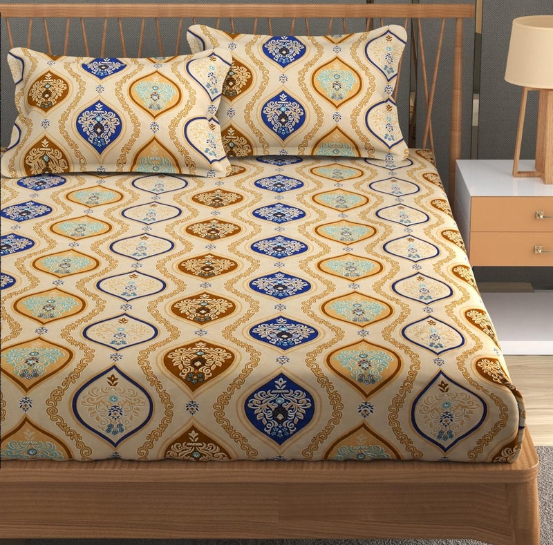 Furnofy Premium Printed Double Bedsheet Set – Sand & Blue (90x100 Inches) with 2 Pillow Covers – Flat - Image 1