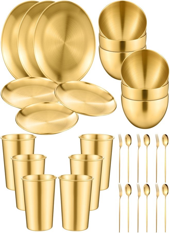 Jinei 30 Pcs 304 Stainless Steel Dinner Set Stainless Steel Plates and Bowls Include Plates Bowls Cups Forks Spoons Utensil Reusable Metal Camping Dinnerware Tableware for Home Picnic Kitchen (Gold) - Image 1