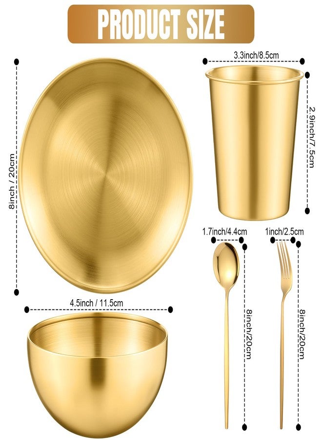 Jinei 30 Pcs 304 Stainless Steel Dinner Set Stainless Steel Plates and Bowls Include Plates Bowls Cups Forks Spoons Utensil Reusable Metal Camping Dinnerware Tableware for Home Picnic Kitchen (Gold) - Image 2