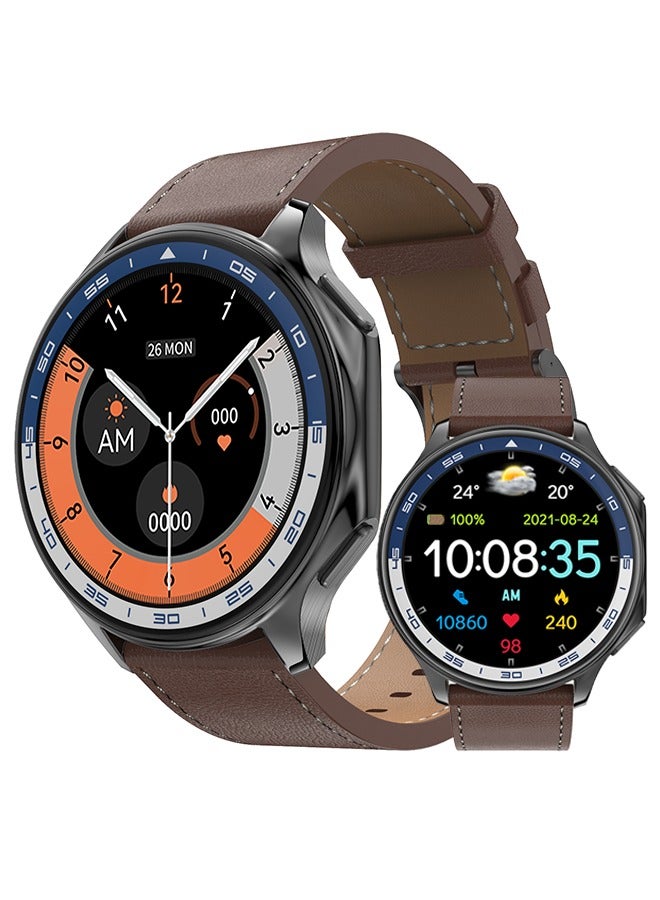 RollsTimi Men's smart watch 1.43 AMOLED HD screen Bluetooth call activity tracker heart rate monitor IP68 waterproof compatible with Android and iOS, sports and fitness watches,Watch DT watch X Brown Belt