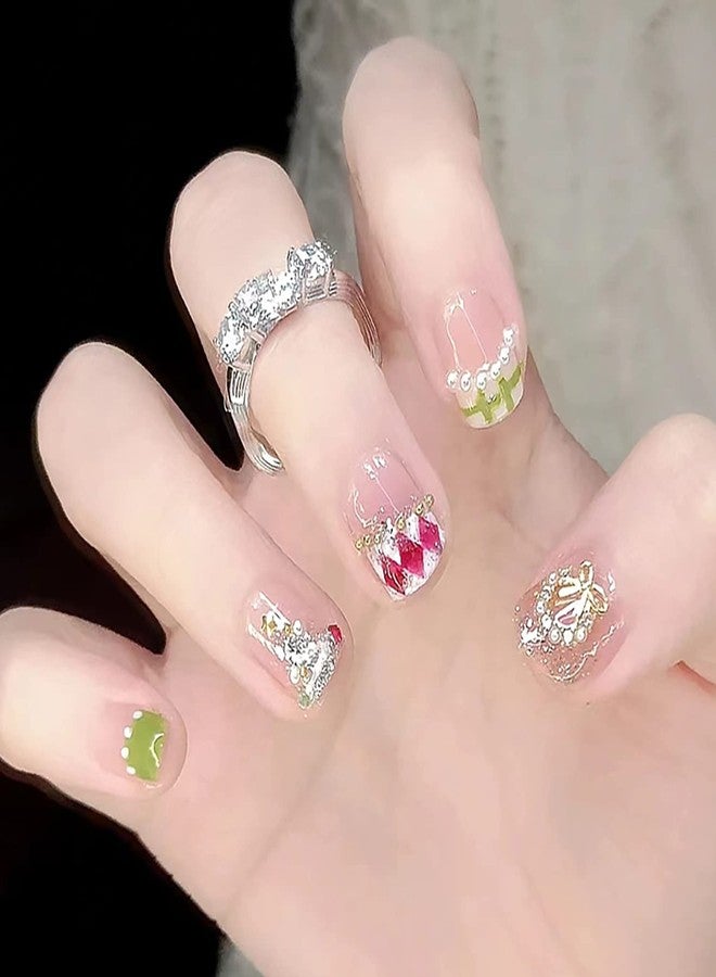 Vezocim 24Pcs Full Cover Reusable False Nails Kits, Press on Nail Short Square Length, Glue On Nails with Wreath Pearl Designs, Artificial Fingernails Acrylic Fake Nails for Women, Stick on Nails Coffin Shape - Image 1