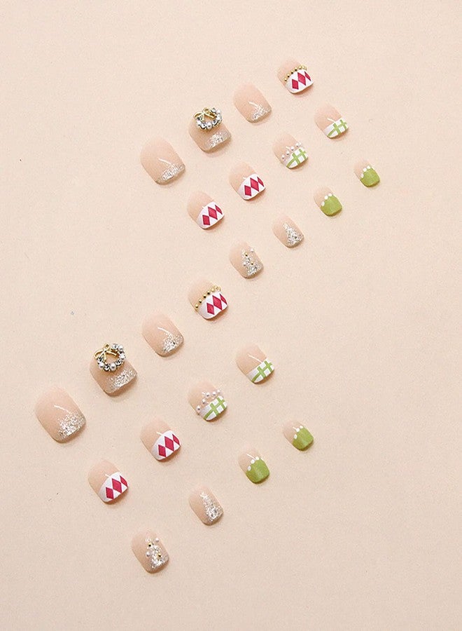 Vezocim 24Pcs Full Cover Reusable False Nails Kits, Press on Nail Short Square Length, Glue On Nails with Wreath Pearl Designs, Artificial Fingernails Acrylic Fake Nails for Women, Stick on Nails Coffin Shape - Image 4