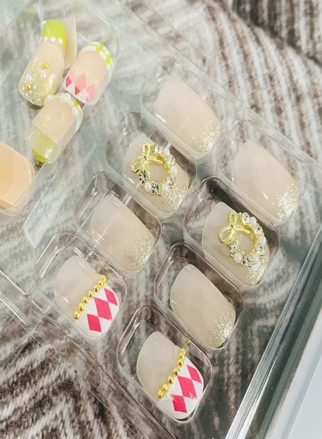 Vezocim 24Pcs Full Cover Reusable False Nails Kits, Press on Nail Short Square Length, Glue On Nails with Wreath Pearl Designs, Artificial Fingernails Acrylic Fake Nails for Women, Stick on Nails Coffin Shape - Image 5