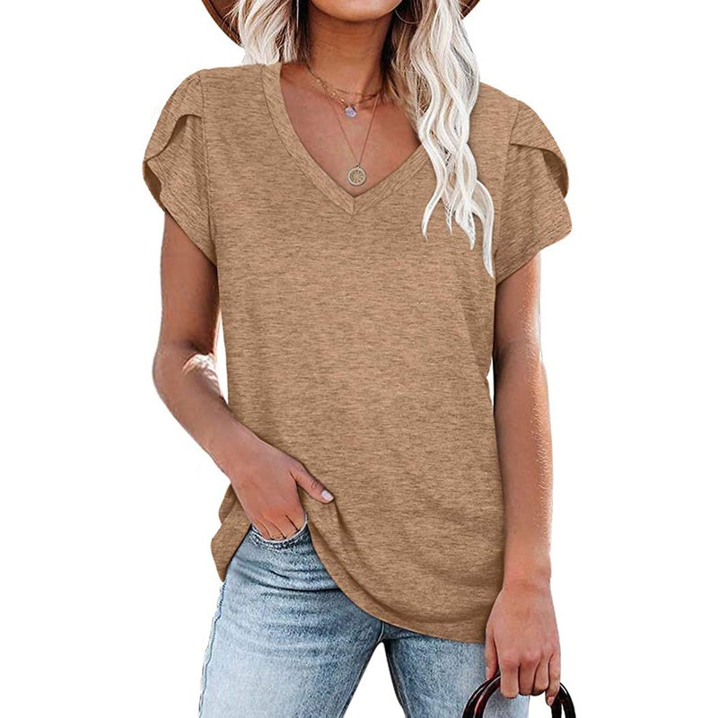 Cross-border European and American women's clothing 2022 spring and summer new solid color V-neck short-sleeved T-shirt loose casual foreign trade top green L - Image 2