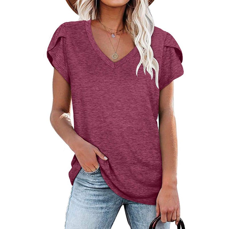 Cross-border European and American women's clothing 2022 spring and summer new solid color V-neck short-sleeved T-shirt loose casual foreign trade top green L - Image 5