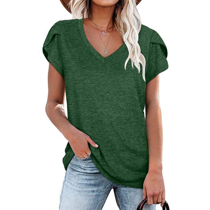 Cross-border European and American women's clothing 2022 spring and summer new solid color V-neck short-sleeved T-shirt loose casual foreign trade top green L - Image 1