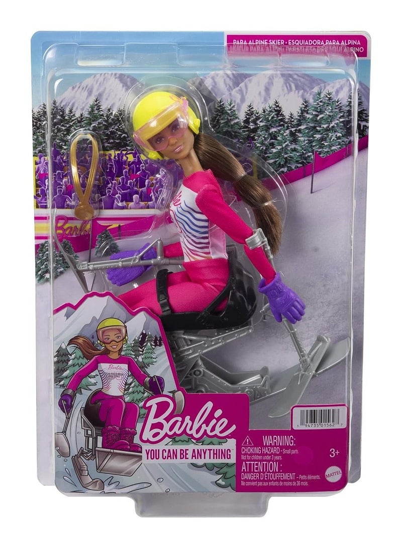 Mattel BARBIE Barbie Winter Sports para Alpine Skier Brunette Doll (12 in) with Shirt, Pants, Helmet, Gloves, Pole, Sit Ski & Trophy, Great Gift for Ages 3 and Up - Image 1