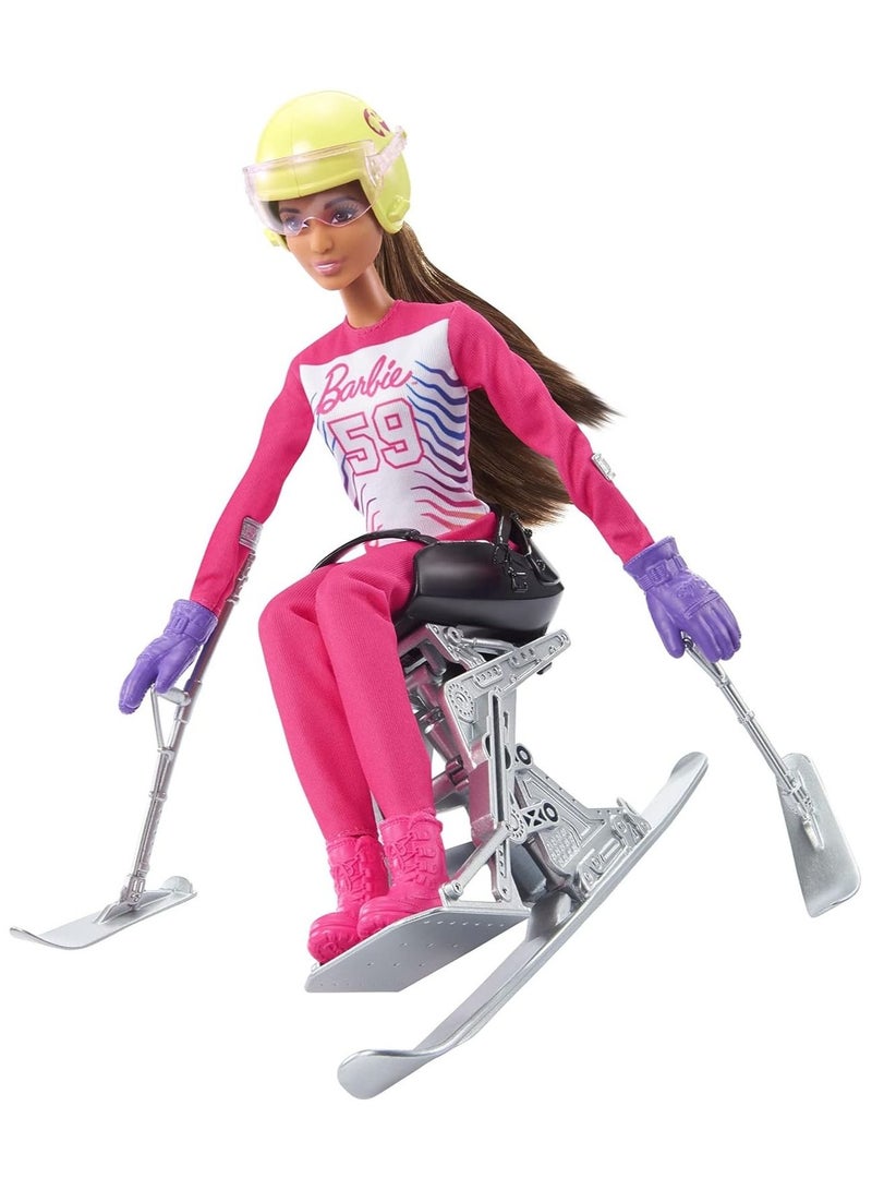 Mattel BARBIE Barbie Winter Sports para Alpine Skier Brunette Doll (12 in) with Shirt, Pants, Helmet, Gloves, Pole, Sit Ski & Trophy, Great Gift for Ages 3 and Up - Image 3