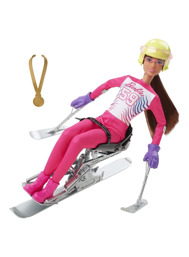 Mattel BARBIE Barbie Winter Sports para Alpine Skier Brunette Doll (12 in) with Shirt, Pants, Helmet, Gloves, Pole, Sit Ski & Trophy, Great Gift for Ages 3 and Up - Image 5
