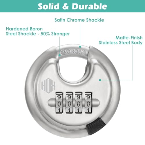 HOX Boron Shackle Combination Disc Lock 70mm Stainless Steel Body HeavyDuty WeatherResistant and AntiCut Padlock for Storage Units Garages Sliding Doors and Cabinets 4 Pack - Image 3
