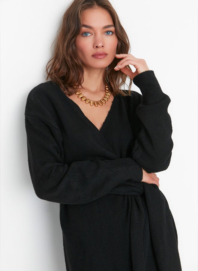 trendyol Black Soft Textured Midi Knit Double Breasted Collar Tie Detail Dress - Image 1