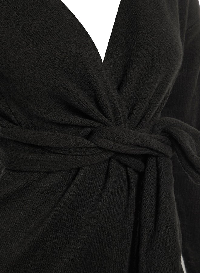 trendyol Black Soft Textured Midi Knit Double Breasted Collar Tie Detail Dress - Image 5