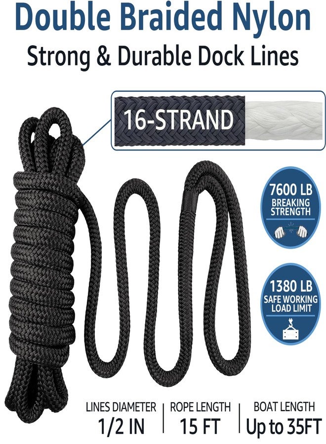 PACTHSD Dock Lines 4 Pack 1/2" x 15' Double Braided Nylon Boat Dock Lines with 12" Eyelet, Marine-Grade Boat Rope, Easy to Use Dock Lines for Boats, Strong Boat Ropes for Docking, Black Marine Rope, PACTHSD - Image 2
