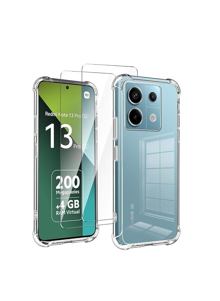 عام Xiaomi Redmi Note 13 Pro 5G Clear Phone Case + 2 حامي شاشة من الزجاج المقوى للهاتف + غطاء واقي من السيليكون الناعم TPU شفاف مقاوم للخدوش والصدمات - Image 1