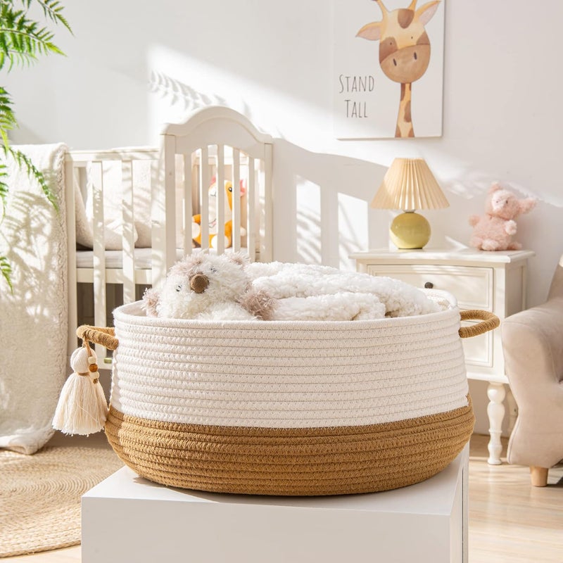 KAKAMAY Woven Baskets for Storage16x8Blanket Basket for Organizing Living RoomCotton Rope Basket Woven Baby Laundry HamperCollapsible Laundry Room OrganizationClothesToy ChestBrown - Image 5