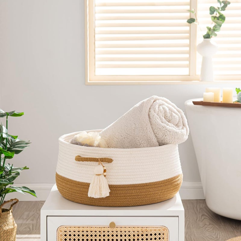 KAKAMAY Woven Baskets for Storage16x8Blanket Basket for Organizing Living RoomCotton Rope Basket Woven Baby Laundry HamperCollapsible Laundry Room OrganizationClothesToy ChestBrown - Image 4