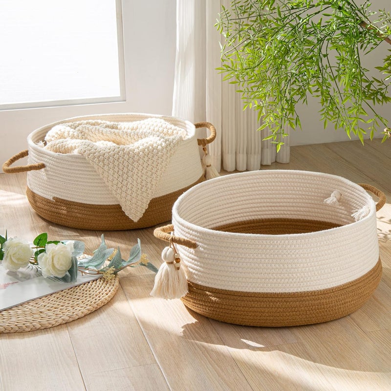 KAKAMAY Woven Baskets for Storage16x8Blanket Basket for Organizing Living RoomCotton Rope Basket Woven Baby Laundry HamperCollapsible Laundry Room OrganizationClothesToy ChestBrown - Image 3