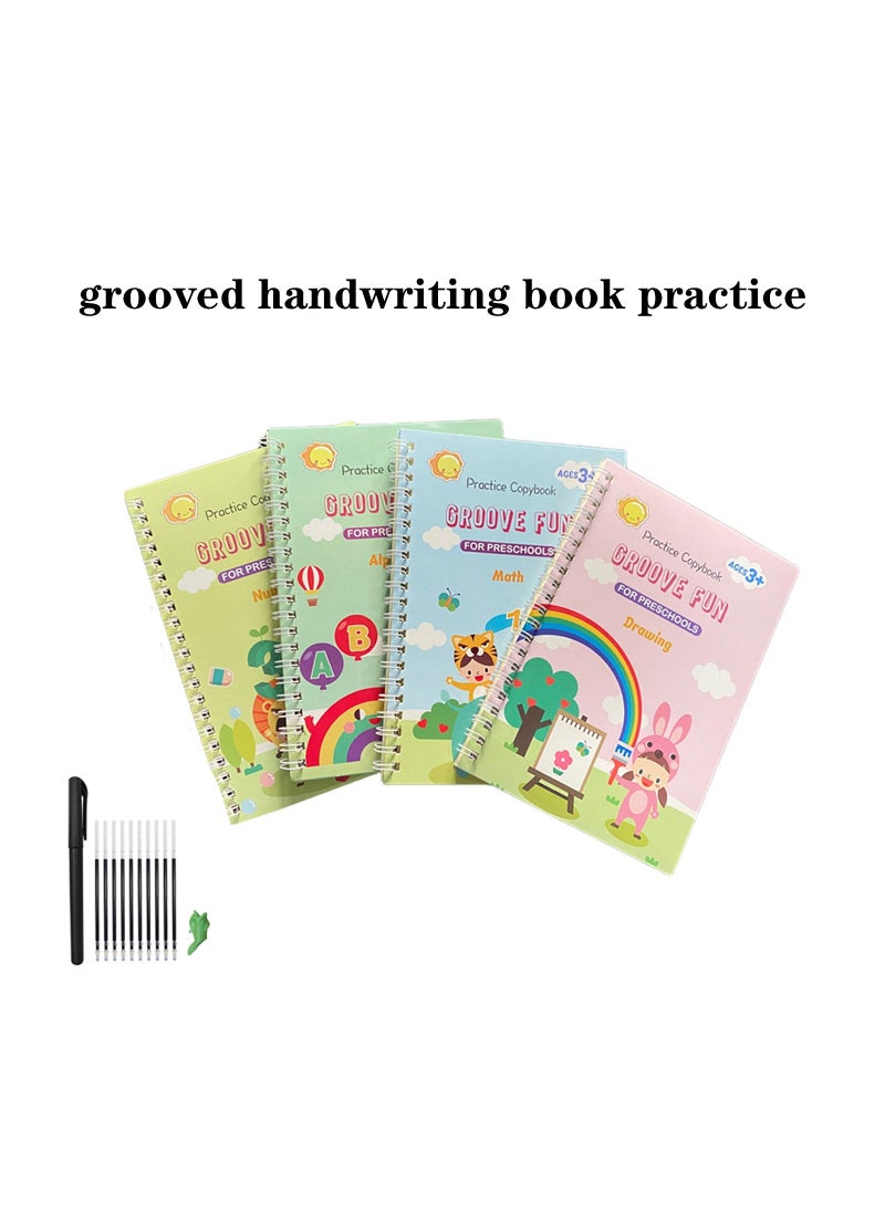 دفتر نسخ سحري للأطفال، دفاتر عمل للكتابة اليدوية قابلة لإعادة الاستخدام لتصميم قوالب رياض الأطفال ومساعدة الكتابة اليدوية (4 كتب + 1 قلم + 10 إعادة تعبئة + 1 مقبض قلم) - Image 1