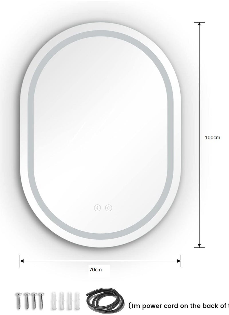 Large Wall Mirror (70 x 100 cm) – Oval Full Body Mirror with HD Clarity, 3 Color Temperature Adjustment, Dimmable Touch Control, and Memory Function – Versatile Horizontal and Vertical Mounting – Wall-Mounted Makeup Mirror with Explosion-Proof HD Glass – Elegant Full-Length Mirror for Bedroom, Living Room, and Bathroom