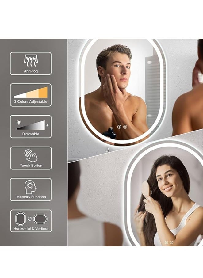 Large Wall Mirror (70 x 100 cm) – Oval Full Body Mirror with HD Clarity, 3 Color Temperature Adjustment, Dimmable Touch Control, and Memory Function – Versatile Horizontal and Vertical Mounting – Wall-Mounted Makeup Mirror with Explosion-Proof HD Glass – Elegant Full-Length Mirror for Bedroom, Living Room, and Bathroom