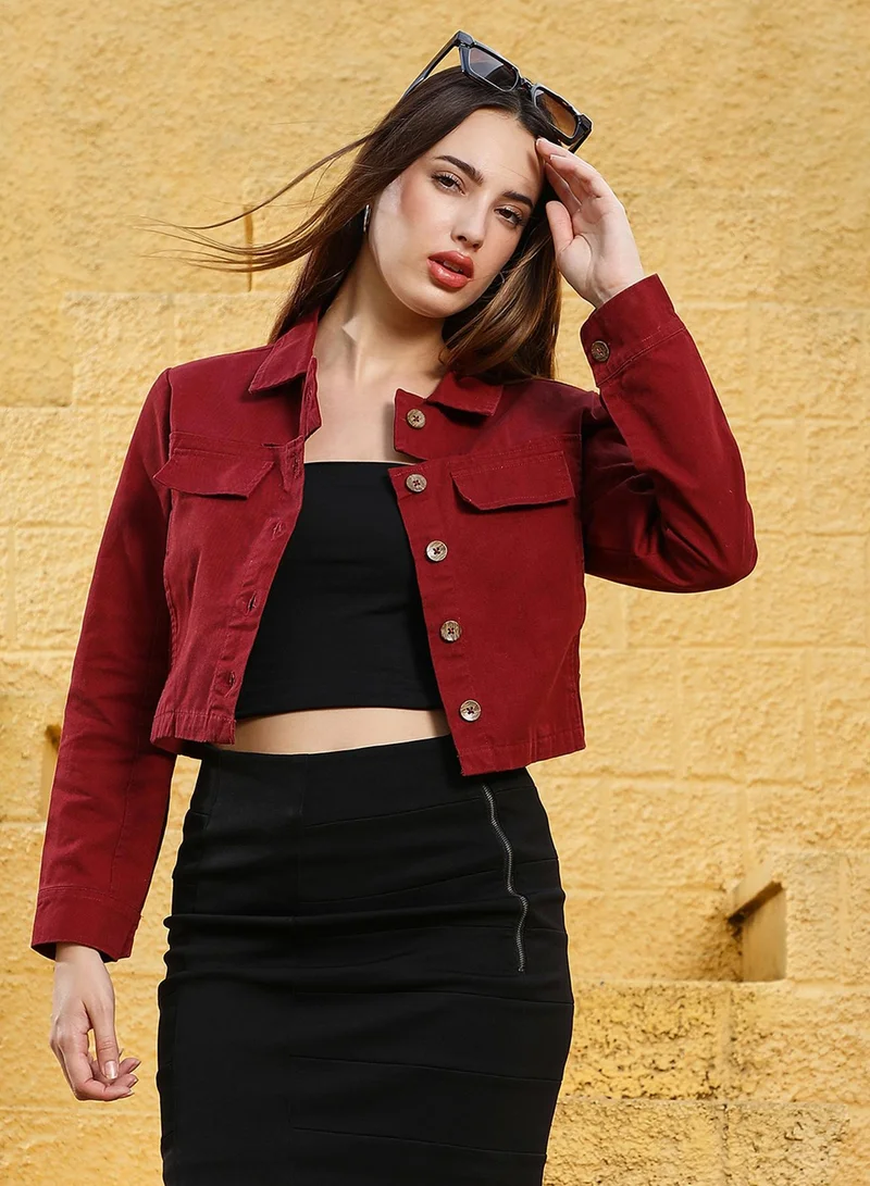 Campus Sutra Women's Burgundy Red Button-Front Crop Jacket For Casual Wear | Spread Collar | Long Cuffed Sleeves | Button Closure | Jacket Crafted With Comfort Fit For Everyday Wear