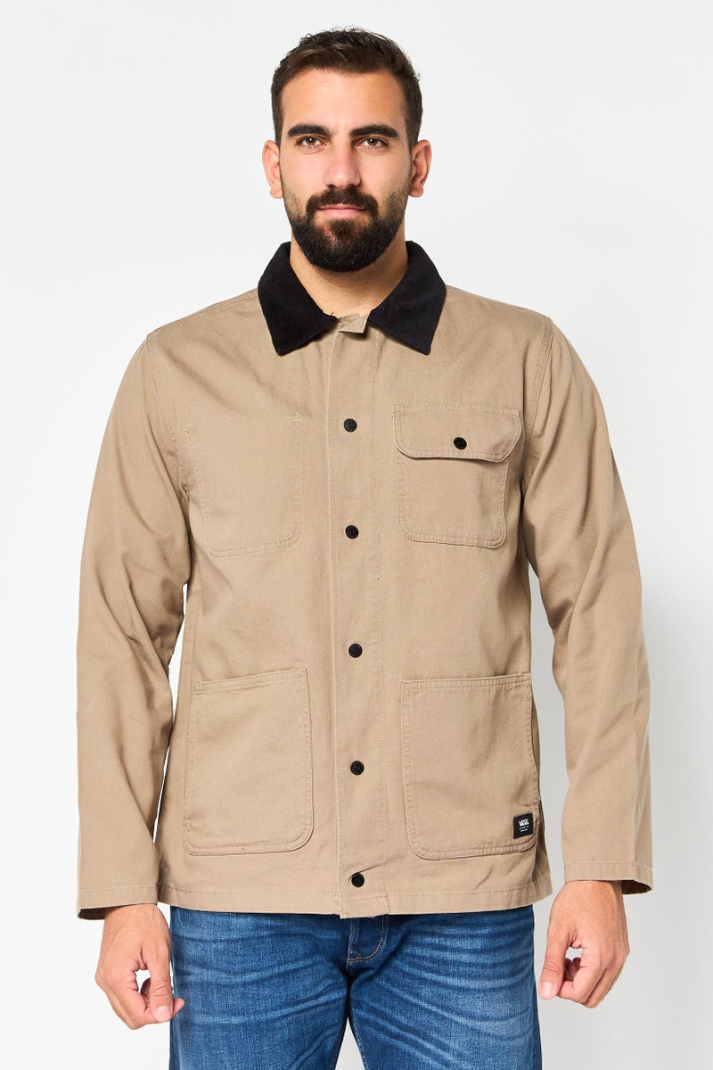 VANS جاكيت قميص بأكمام طويلة للرجال بشعار العلامة التجارية، كاكي - Image 1