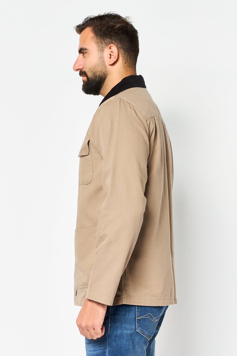 VANS جاكيت قميص بأكمام طويلة للرجال بشعار العلامة التجارية، كاكي - Image 3