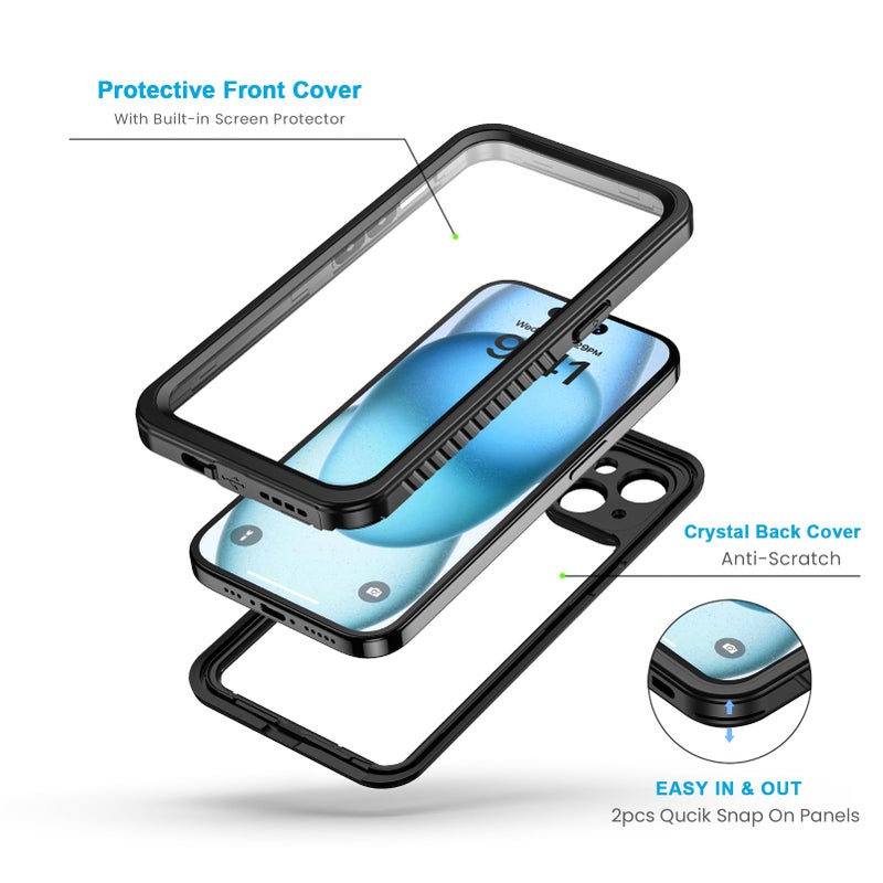 Lanhiem for iPhone 15 Case, IP68 Waterproof Dustproof Shockproof for iPhone 15 Cases with Built-in Screen Protector, Protective Heavy Duty Rugged Phone Cover for iPhone 15-6.1 inch (Black/Clear) - Image 3