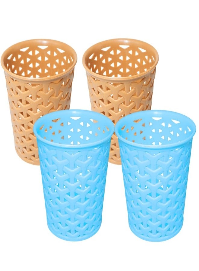 MORVI Linea Small Round Plastic Multipurpose Organizer For Kitchen, Bathroom, Salon, Office|Stationery,Cutlery,Pen,Makeup Brushes Holder|Hanging Toothbrush Stand |Pack Of 4 | CAMEL BLUE - Image 1