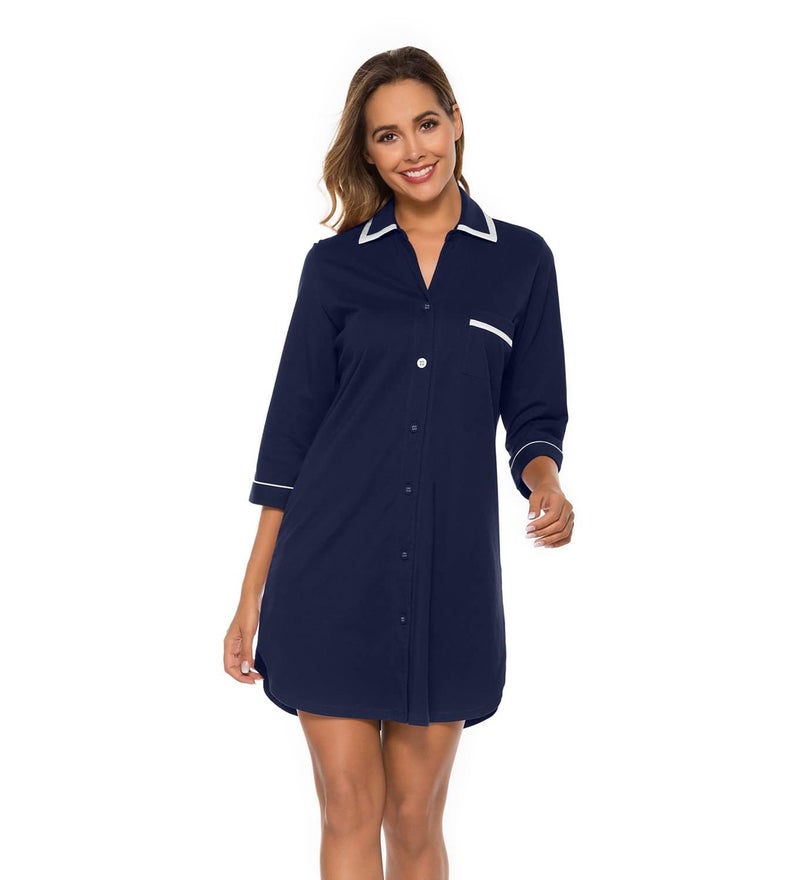 COLORFULLEAF 100% Cotton Night Shirts for Women Button Down Nightgown Soft Sleep Shirt Comfy Night Dress (Navy Blue, M) - Image 2