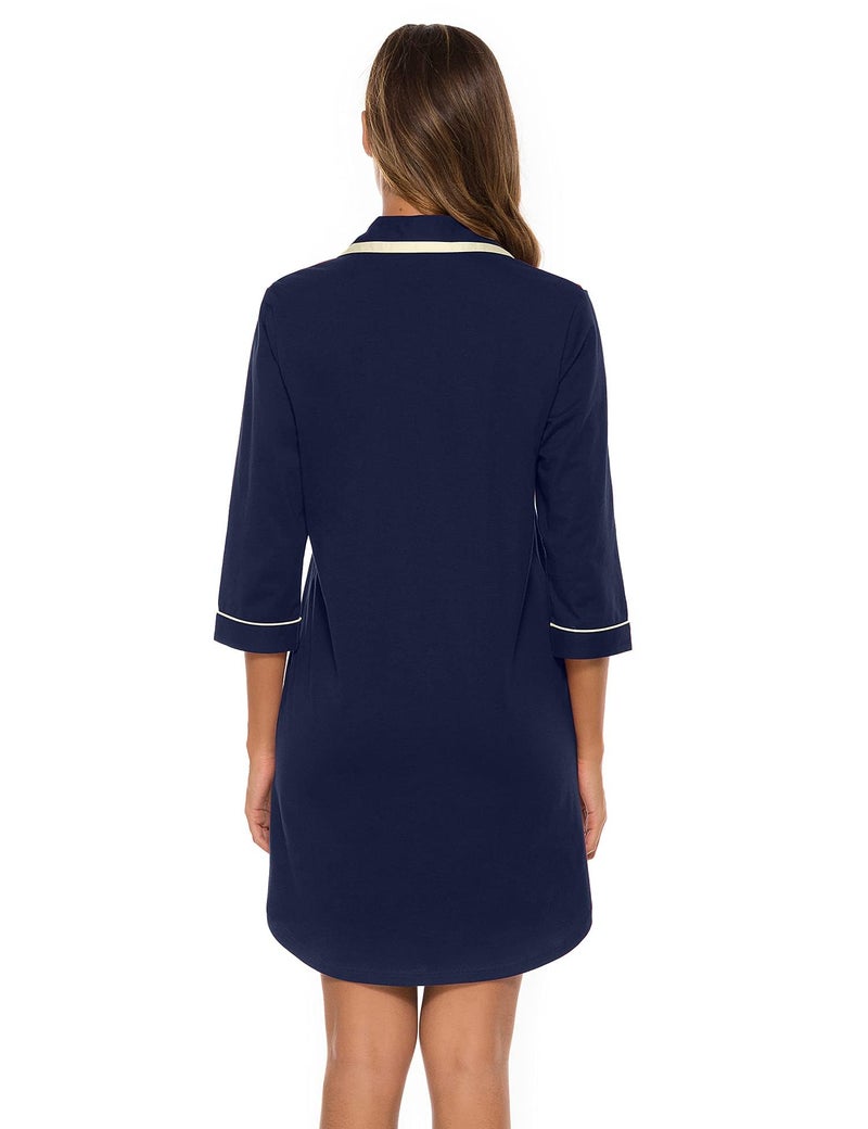 COLORFULLEAF 100% Cotton Night Shirts for Women Button Down Nightgown Soft Sleep Shirt Comfy Night Dress (Navy Blue, M) - Image 4
