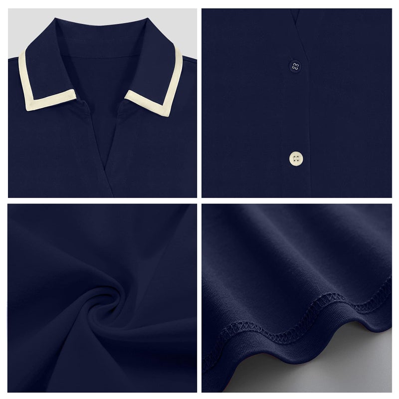 COLORFULLEAF 100% Cotton Night Shirts for Women Button Down Nightgown Soft Sleep Shirt Comfy Night Dress (Navy Blue, M) - Image 5