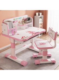 XICEN Home Adjustable Height Kids Study Desk and Chair Set, Multifunctional School Student Writing Desk Study Table with Storage Drawer, Cartoon Reading Chair Table for Boys and Girls (pink）  - Image 1