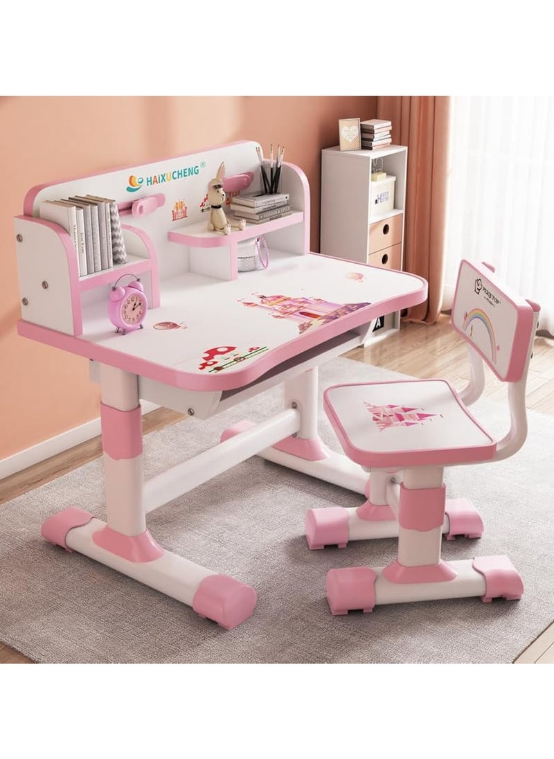 XICEN - Home Adjustable Height Kids Study Desk and Chair Set, Multifunctional School Student Writing Desk Study Table with Storage Drawer, Cartoon Reading Chair Table for Boys and Girls (pink） - Image 1