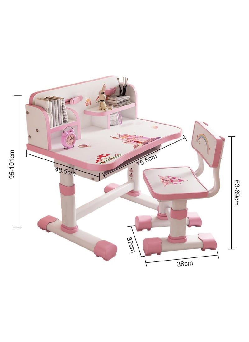 XICEN - Home Adjustable Height Kids Study Desk and Chair Set, Multifunctional School Student Writing Desk Study Table with Storage Drawer, Cartoon Reading Chair Table for Boys and Girls (pink） - Image 1