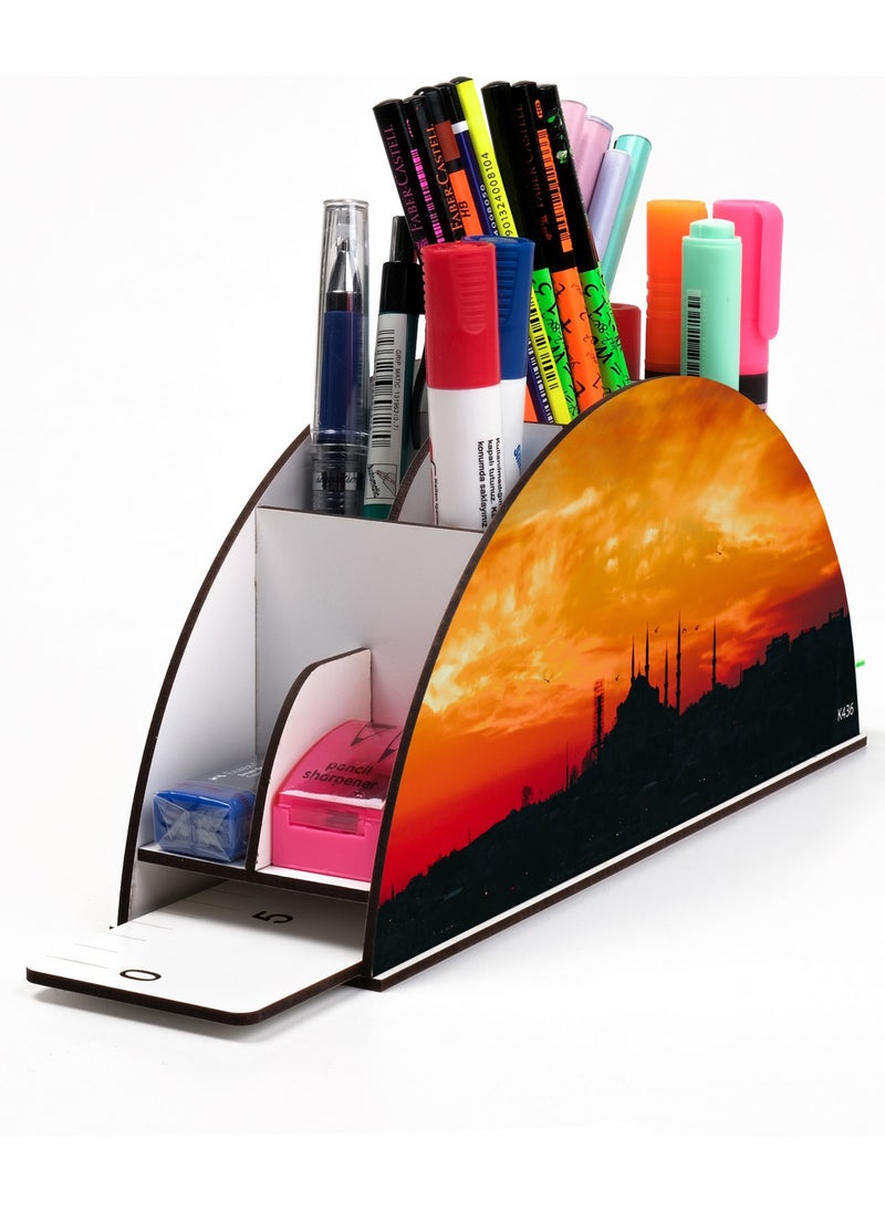 KutuTR Wooden Vip Istanbul Model Rainbow Ruler Desktop Pen Holder Organizer with Mounted Box  - Image 1
