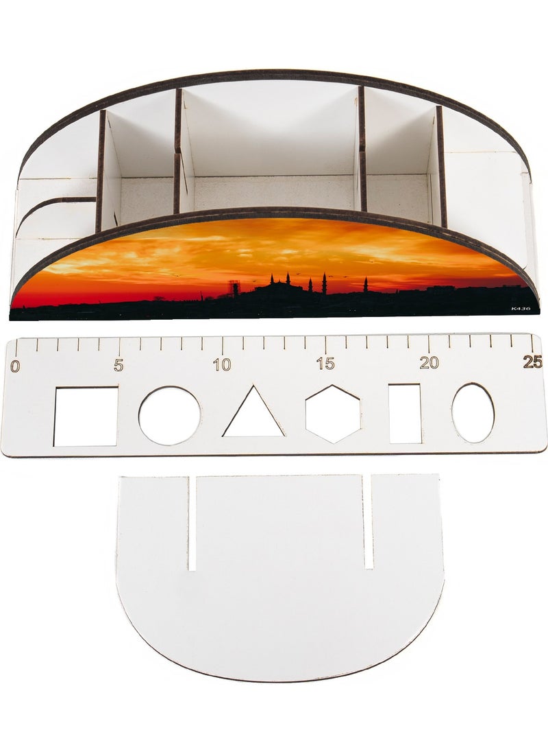 KutuTR Wooden Vip Istanbul Model Rainbow Ruler Desktop Pen Holder Organizer with Mounted Box  - Image 3