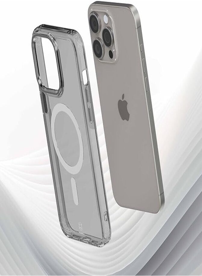 Maxwell Crystalline Compatible with MagSafe Case for iPhone 15 Pro - Clear Drop-Proof Protective Cover with Metallic Camera Lens Protection, Wireless Charging Compatible (Gray)