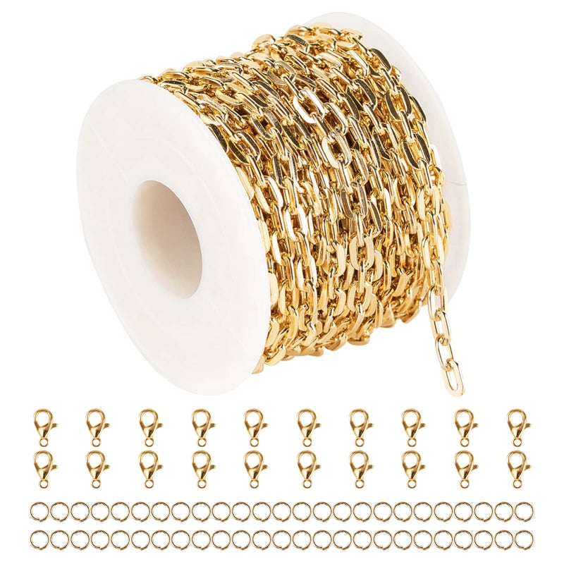 YOUBEIYEE 328 Feet Gold Plated Chain Bulk Aluminum Paperclip Necklace Bracelet Chain for Women Men Jewelry Making Chain Roll with Jump Rings and Lobster Clasps