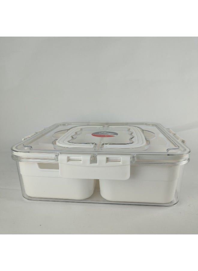High quality plastic and acrylic refrigerator food organizer box consisting of a large box with a tightly closed lid and containing 6 small boxes inside
