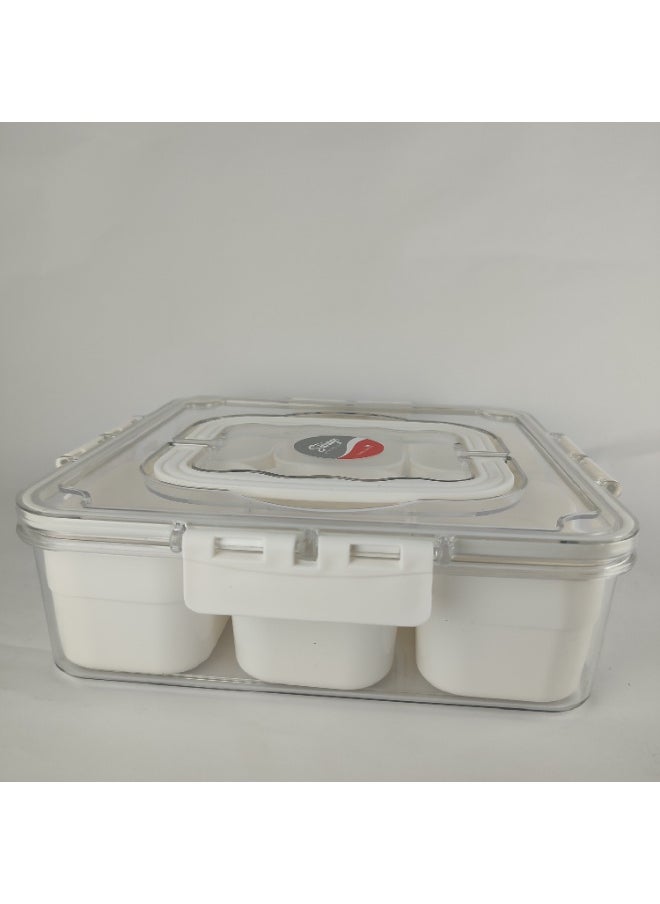High quality plastic and acrylic refrigerator food organizer box consisting of a large box with a tightly closed lid and containing 6 small boxes inside