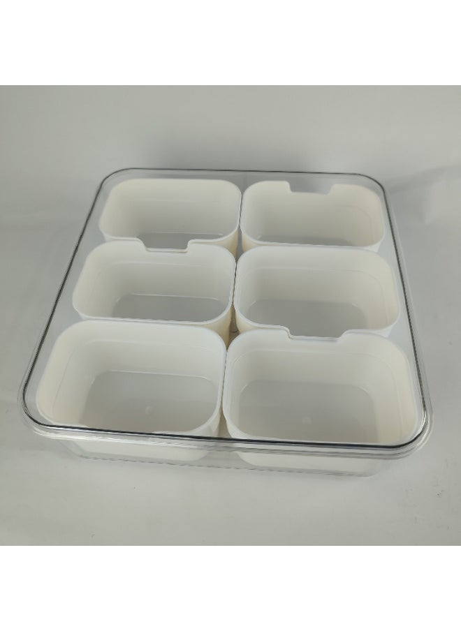 High quality plastic and acrylic refrigerator food organizer box consisting of a large box with a tightly closed lid and containing 6 small boxes inside