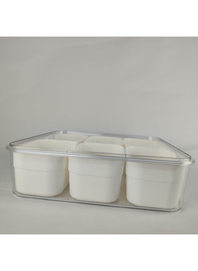 High quality plastic and acrylic refrigerator food organizer box consisting of a large box with a tightly closed lid and containing 6 small boxes inside