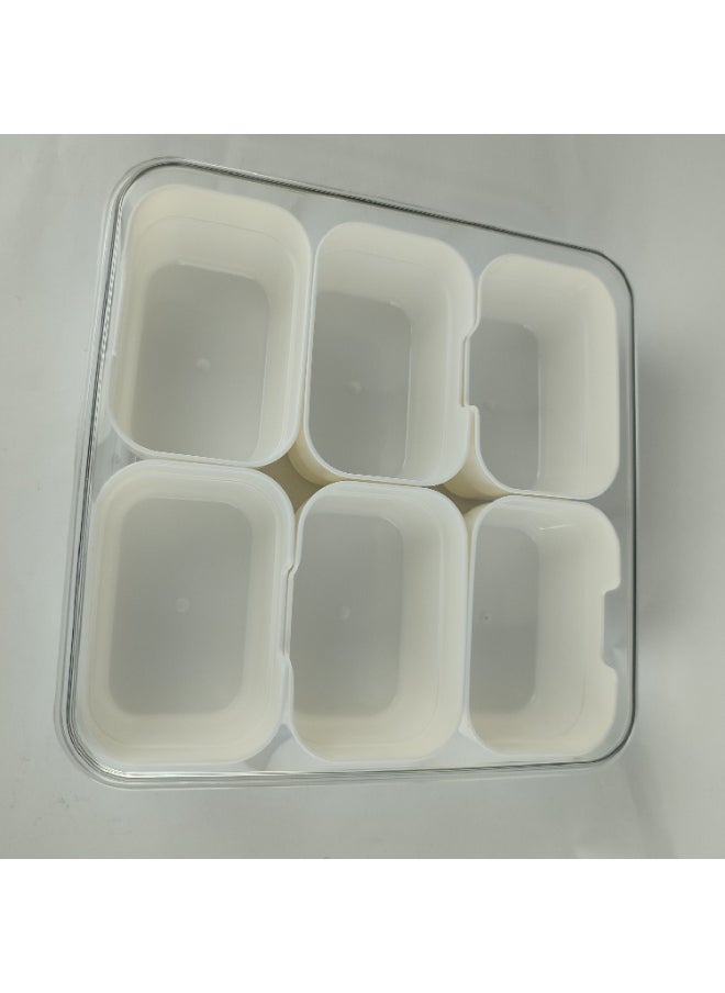 High quality plastic and acrylic refrigerator food organizer box consisting of a large box with a tightly closed lid and containing 6 small boxes inside