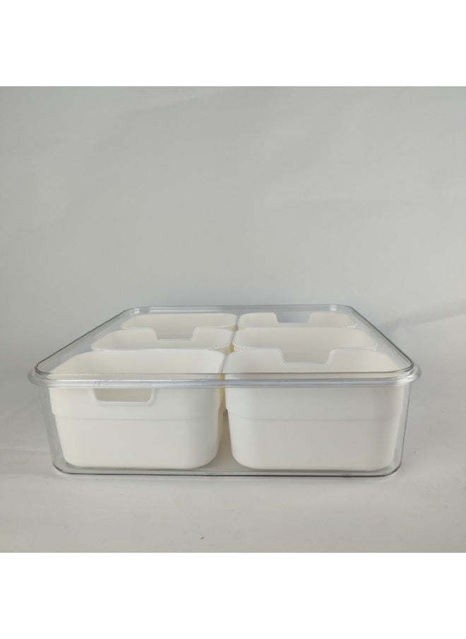 High quality plastic and acrylic refrigerator food organizer box consisting of a large box with a tightly closed lid and containing 6 small boxes inside