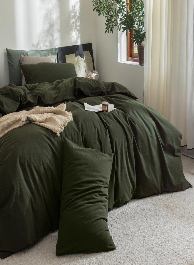 FOSSA Duvet Cover Set 100% Washed Cotton Linen Feel Super Soft Breathable Cozy 3 Pieces Bedding Sets Solid Olive Green Full/Double - Image 2